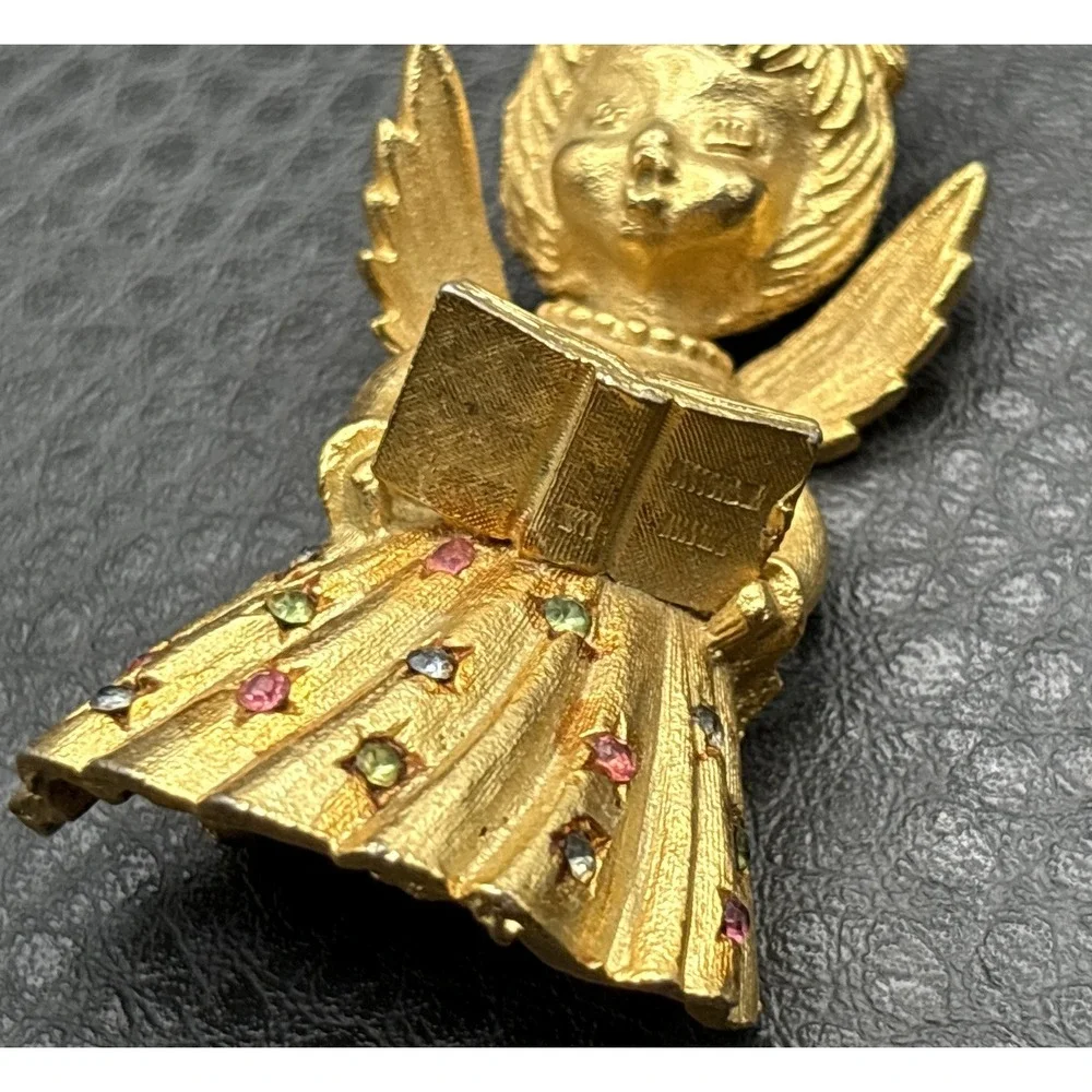 Vintage Mylu Gold Tone Angel Wings Hymn Book Brooch Pin Crystal Rhinestones